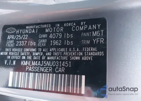 2022 Hyundai Elantra Hybrid Blue from USA, damaged, VIN KMHLM4AJ5NU031451